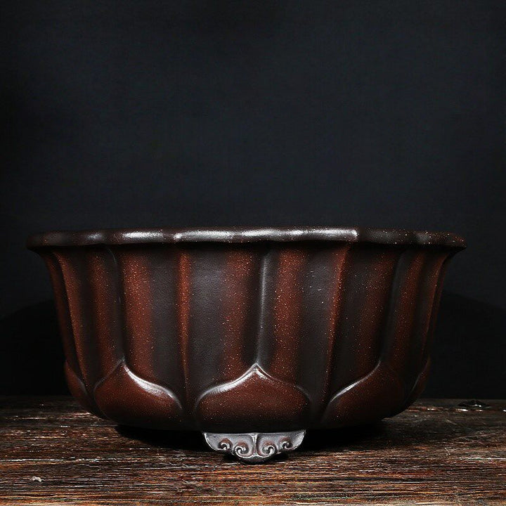 15.7" (40cm) Large Round Lotus Shaped Antique Style Unglazed Bonsai Pot