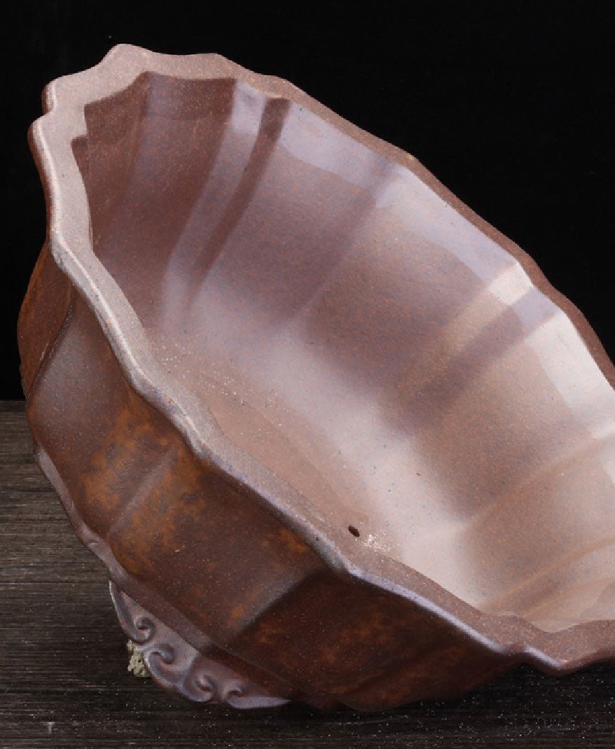 10.1" (25.8cm) Large Round Flower Petal-Like Bonsai Pot w Ornate Feet Inner View