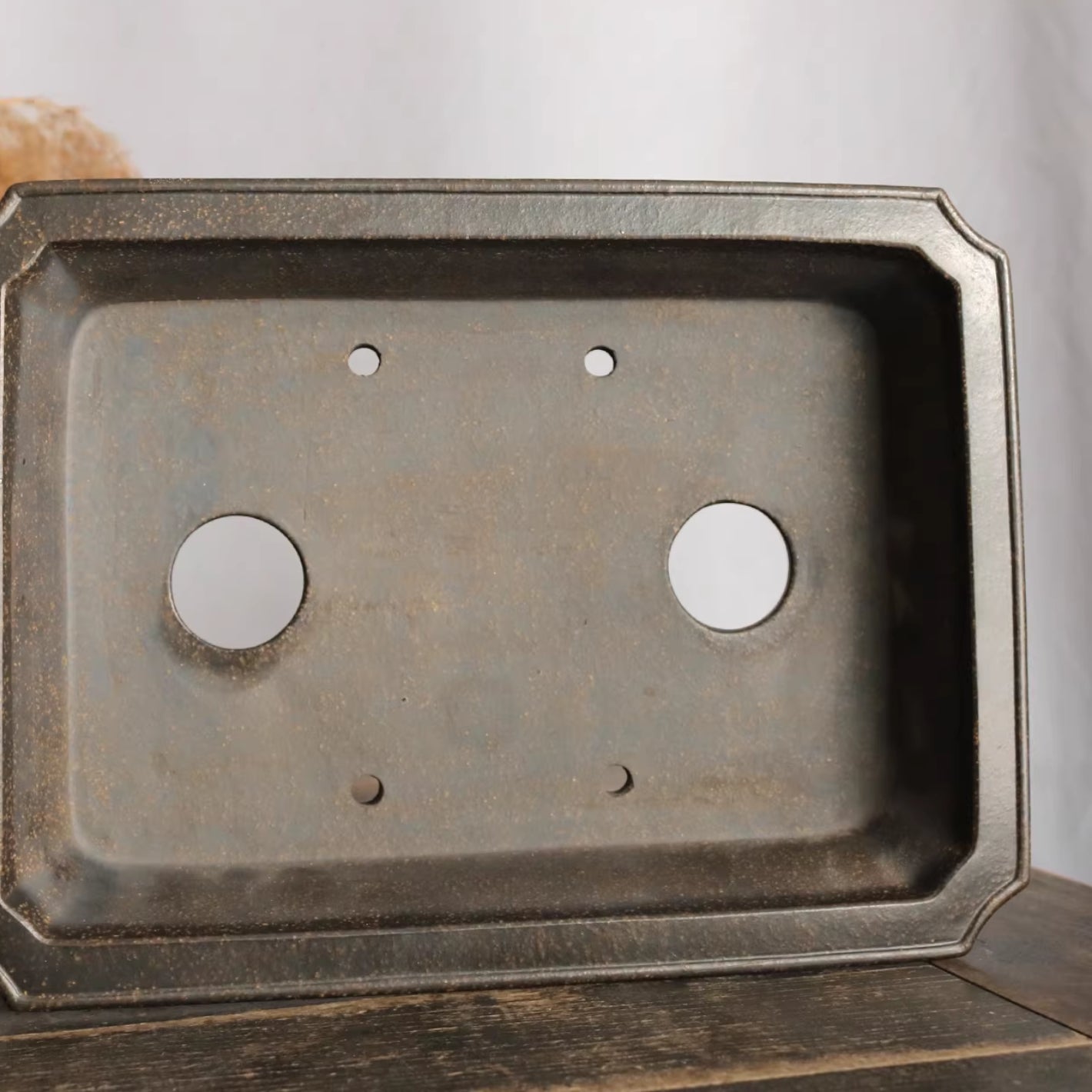 9.4 inch (24cm) Rectangular Corner-Cut Premium Unglazed Black Shallow Bonsai Pot Inner View