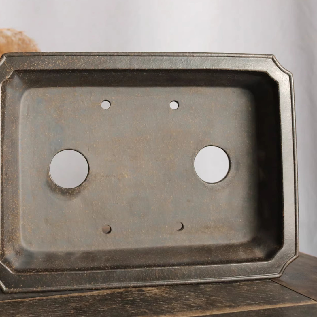 9.4 inch (24cm) Rectangular Corner-Cut Premium Unglazed Black Shallow Bonsai Pot Inner View