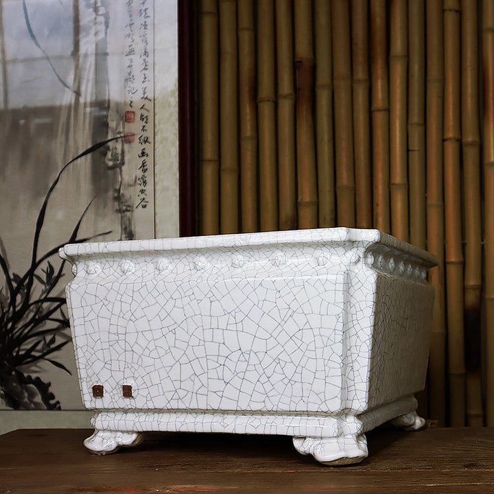 13.5" (34.5cm) Large 7.8" (20cm) Deep Square White Cracked Glazed Bonsai Pot