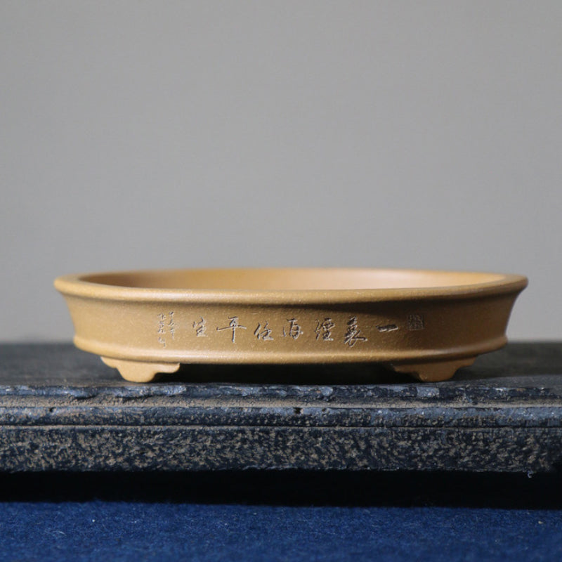 5.5" (14cm) Extra Small Oval Raised Feet Shallow Bonsai Pot w Engraved Designs