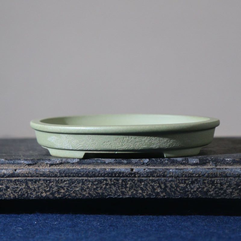 5.5" (14cm) Extra Small Oval Raised Feet Shallow Bonsai Pot w Engraved Designs