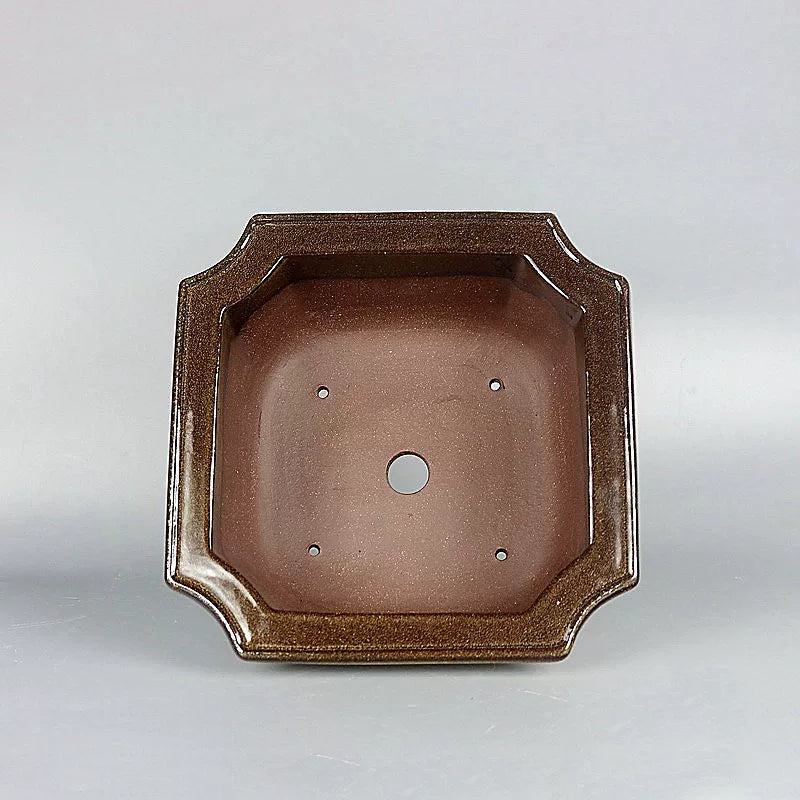 7.2 inch (18.5cm) Wide Square Corner-Cut Yellow-Brown Dual Tone Glazed Deep Bonsai Pot Inner View