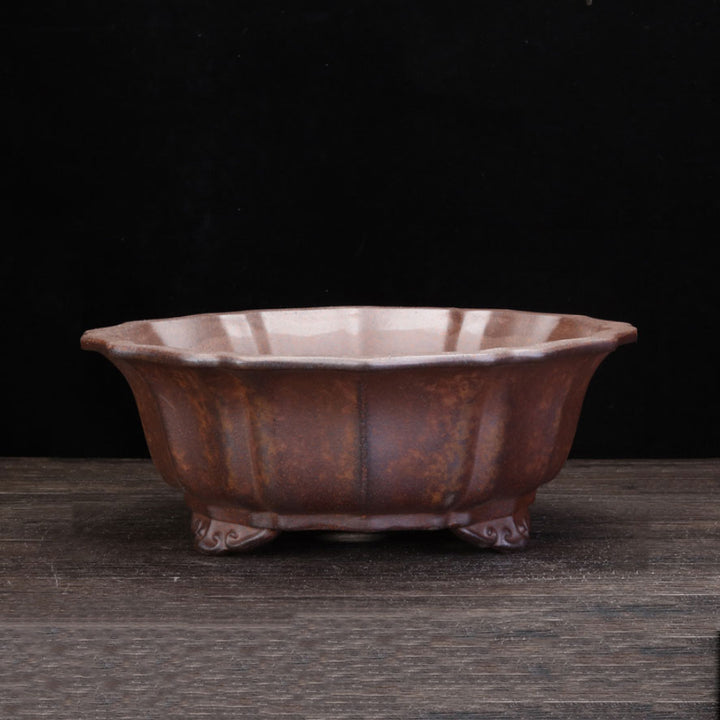 10.1" (25.8cm) Large Round Flower Petal-Like Bonsai Pot w Ornate Feet