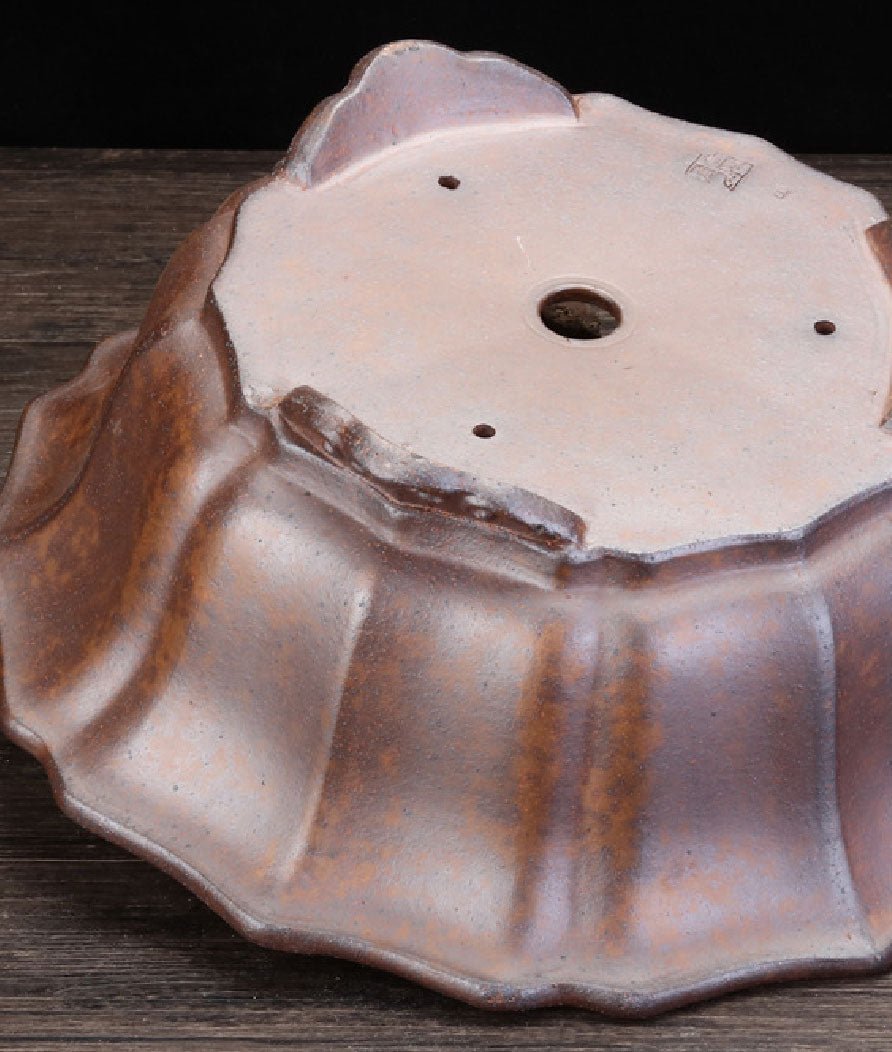 10.1" (25.8cm) Large Round Flower Petal-Like Bonsai Pot w Ornate Feet Bottom View
