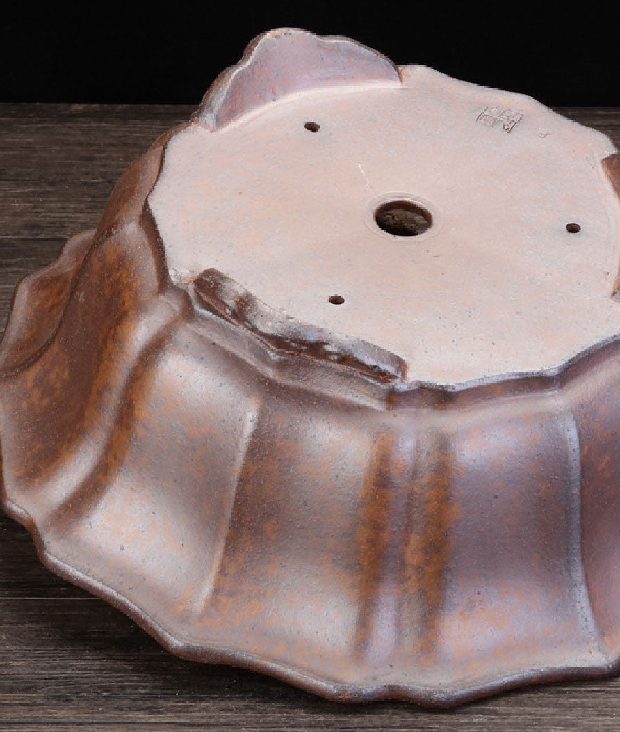 10.1" (25.8cm) Large Round Flower Petal-Like Bonsai Pot w Ornate Feet Bottom View