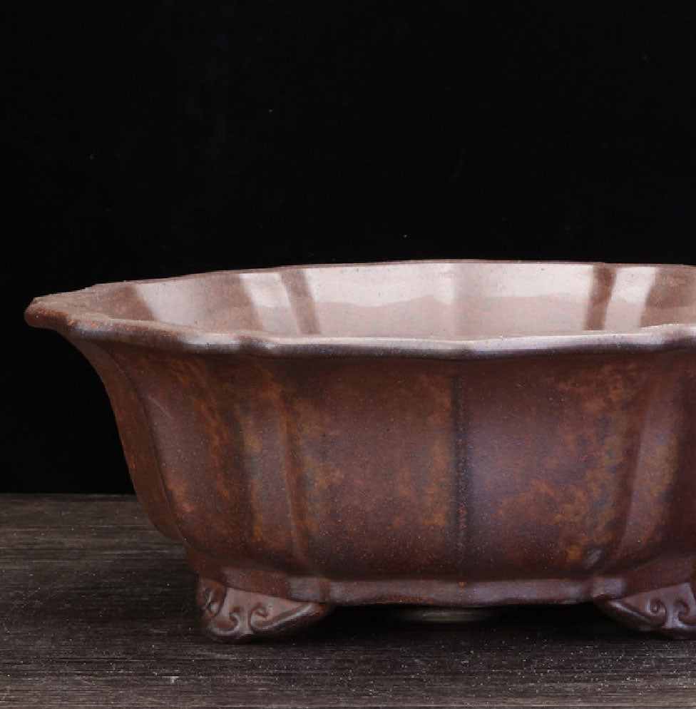 10.1" (25.8cm) Large Round Flower Petal-Like Bonsai Pot w Ornate Feet Close Shot