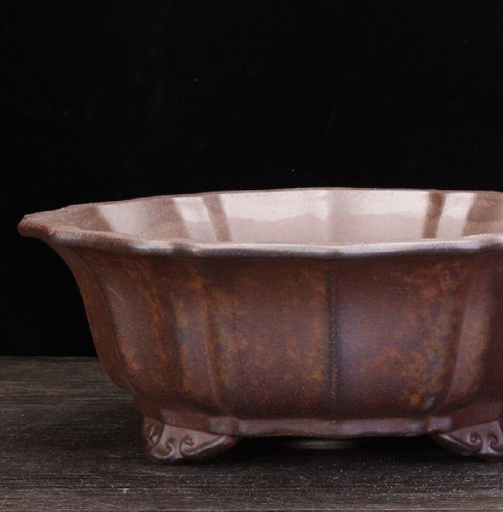 10.1" (25.8cm) Large Round Flower Petal-Like Bonsai Pot w Ornate Feet Close Shot