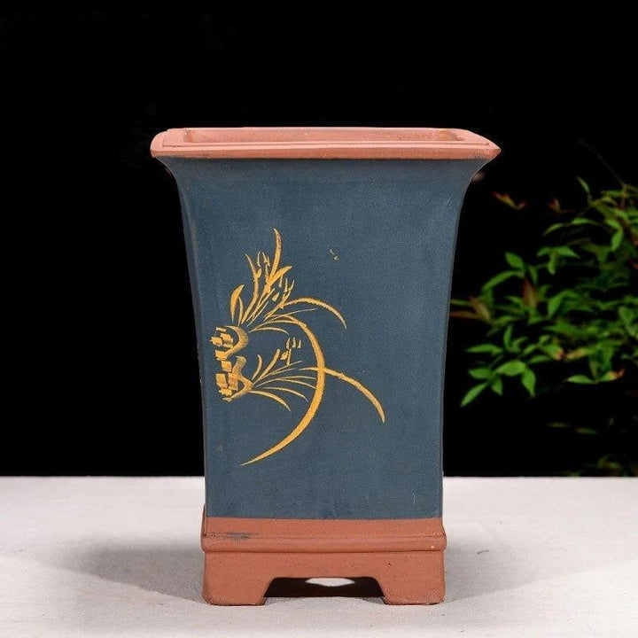 10.2" (26cm) Deep Yixing Clay Handmade Square Engraved Blue Cascade Pot