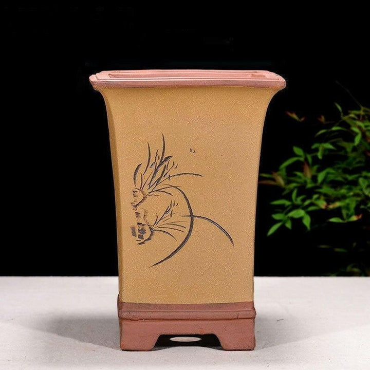 10.2" (26cm) Deep Yixing Clay Handmade Square Engraved Yellow Cascade Pot