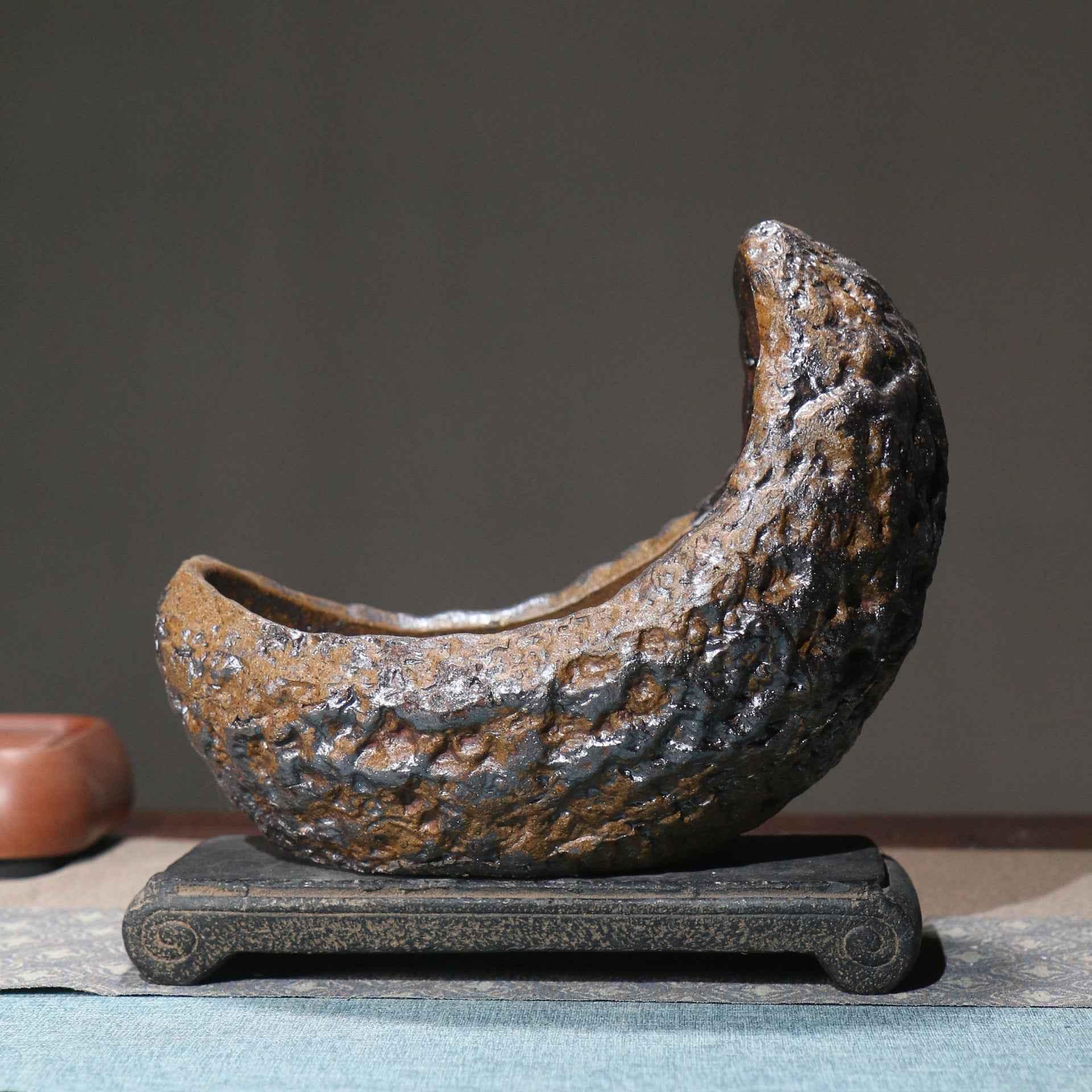 10.2" (26cm) Large Rustic Handcrafted Unglazed Crescent Bonsai Pot