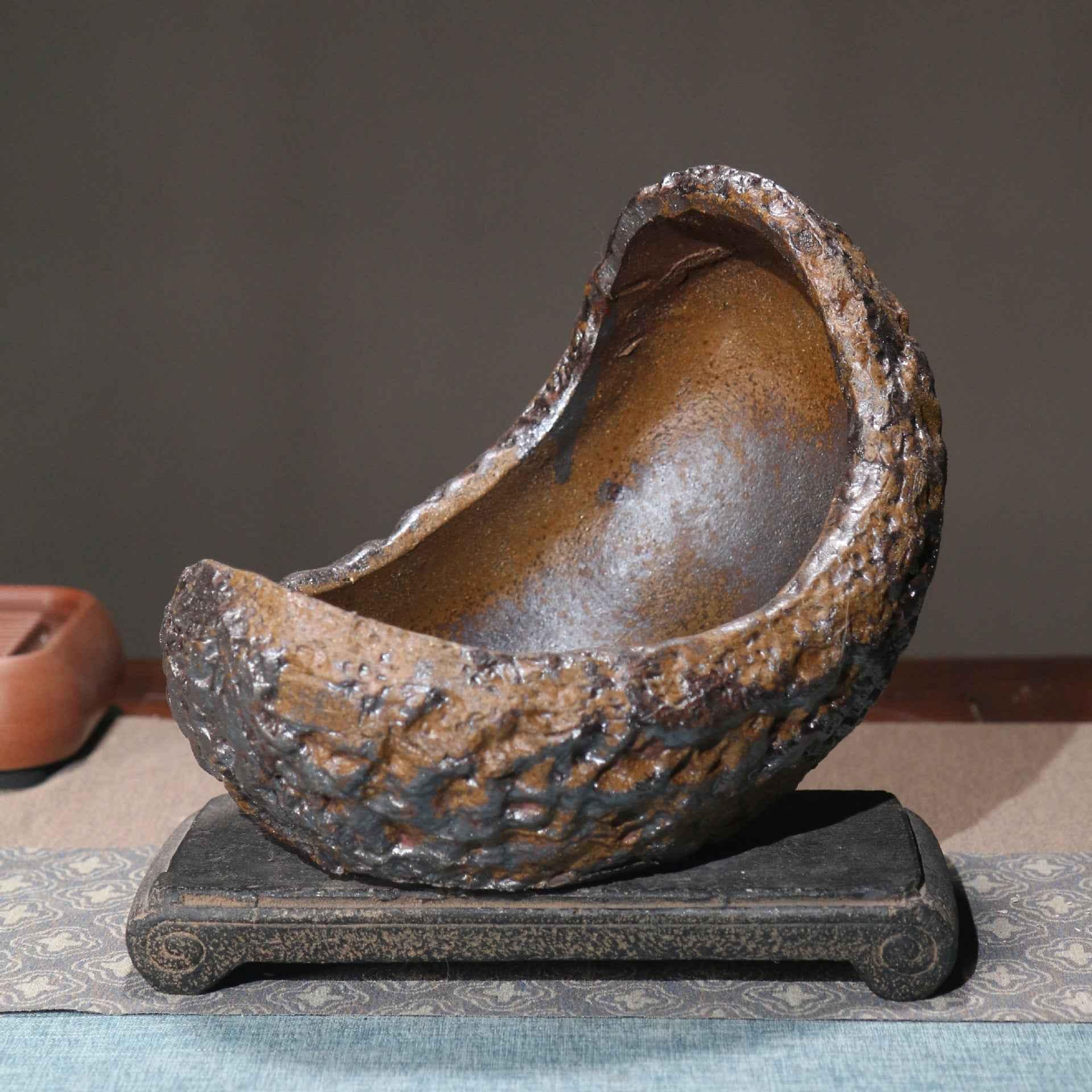 10.2" (26cm) Large Rustic Handcrafted Unglazed Crescent Bonsai Pot