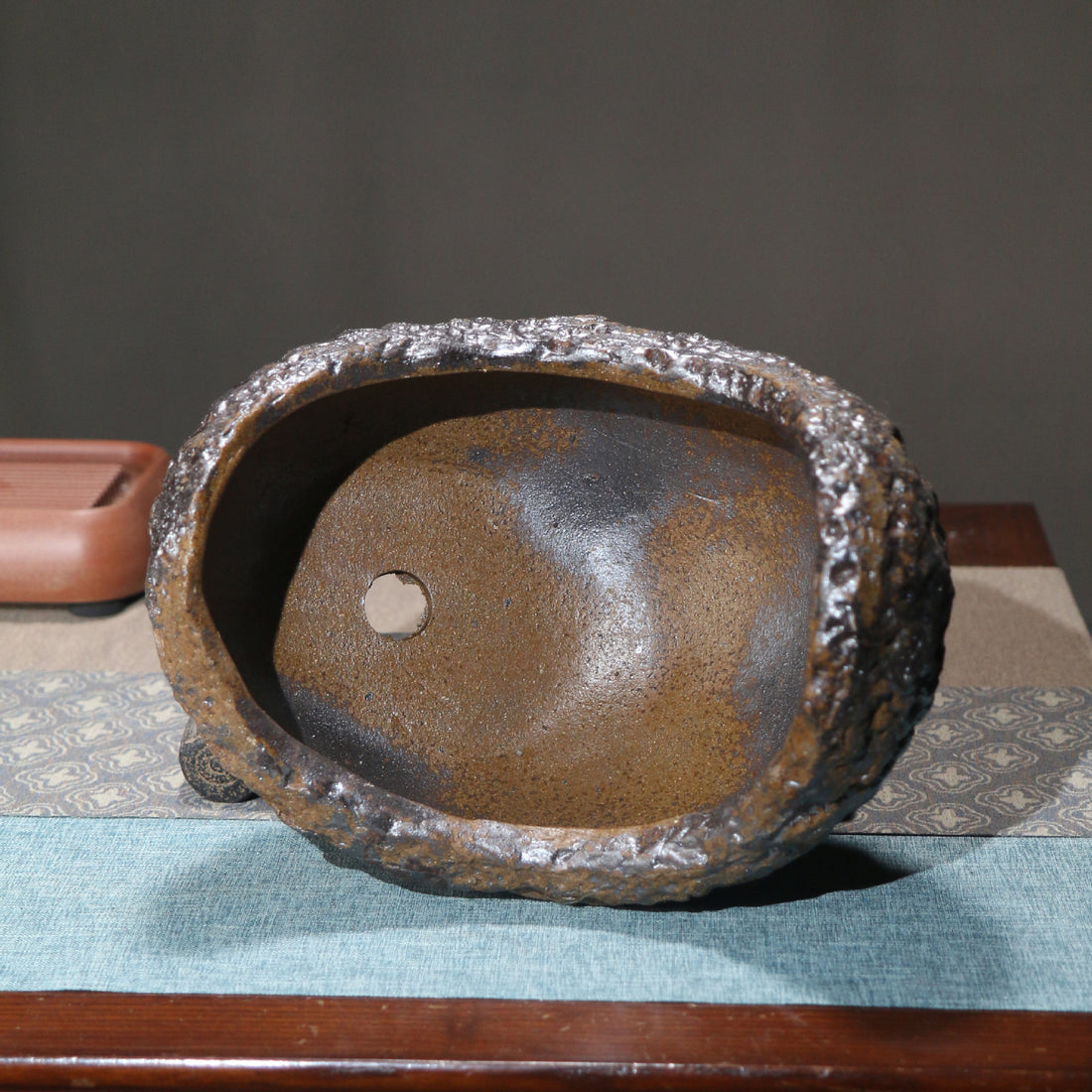10.2" (26cm) Large Rustic Handmade Crescent Bonsai Pot Inner View