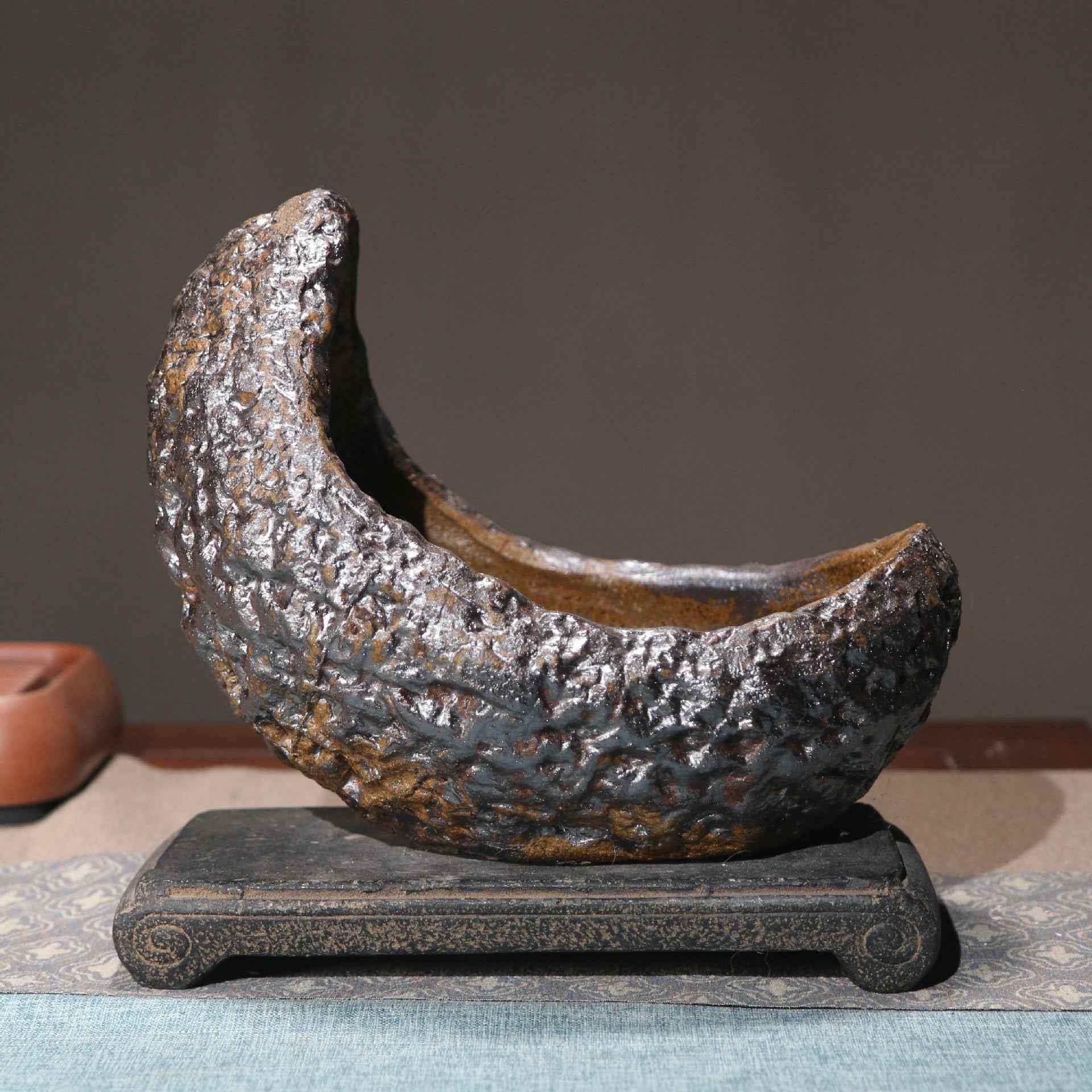 10.2" (26cm) Large Rustic Handcrafted Unglazed Crescent Bonsai Pot