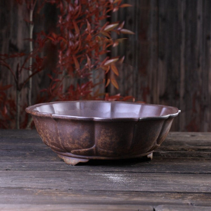 10.2 Inch (26cm) Large-Sized Round Lotus-Shaped Wood-Fired Unglazed Bonsai Pot