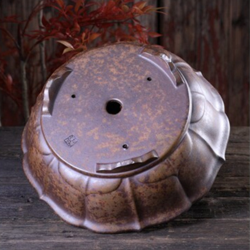 10.2 Inch (26cm) Large-Sized Round Lotus-Shaped Wood-Fired Unglazed Bonsai Pot Bottom Veiw