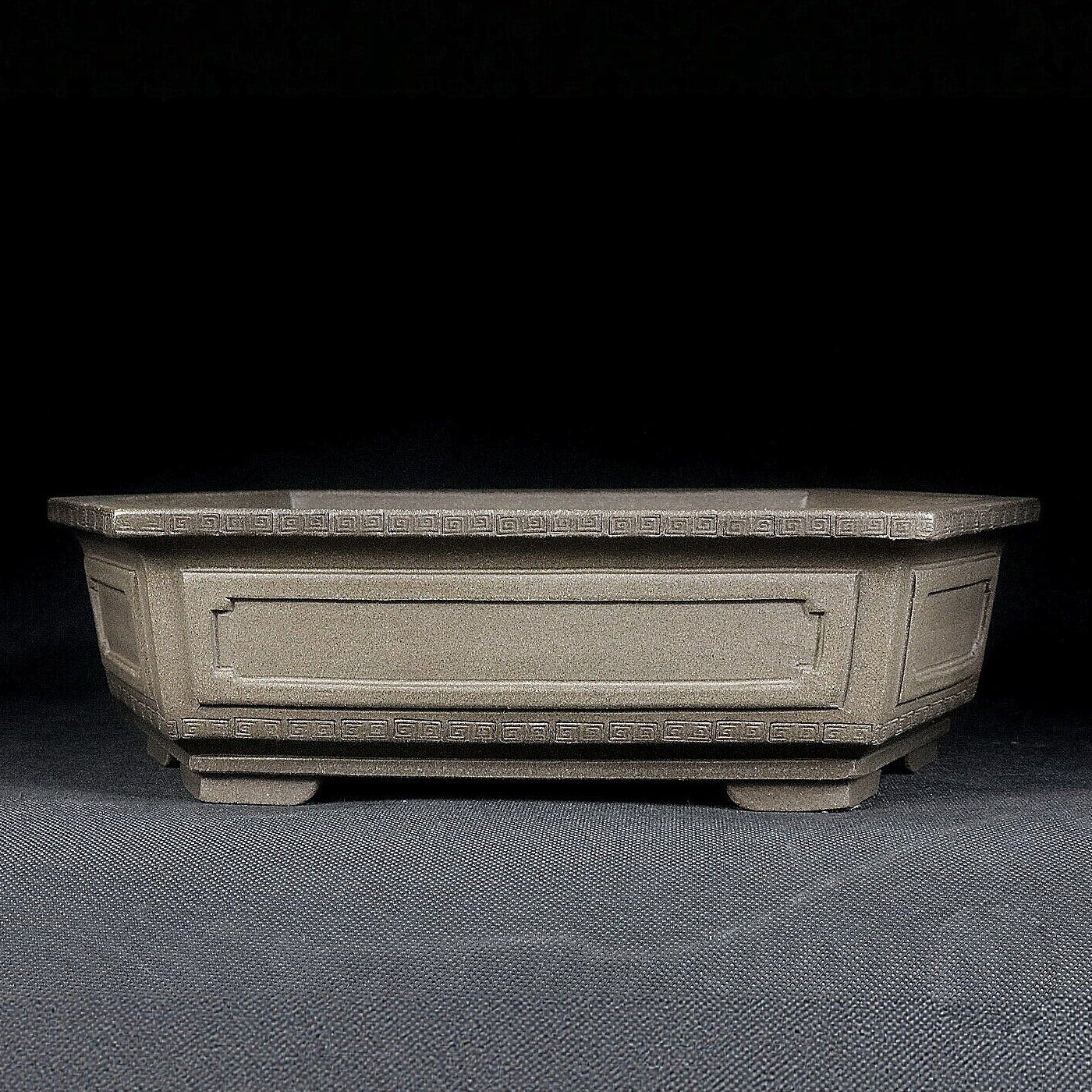 10.2 inch (26cm) Large Elongated Hexagonal Beige Unglazed Bonsai Pot w Paneled Walls