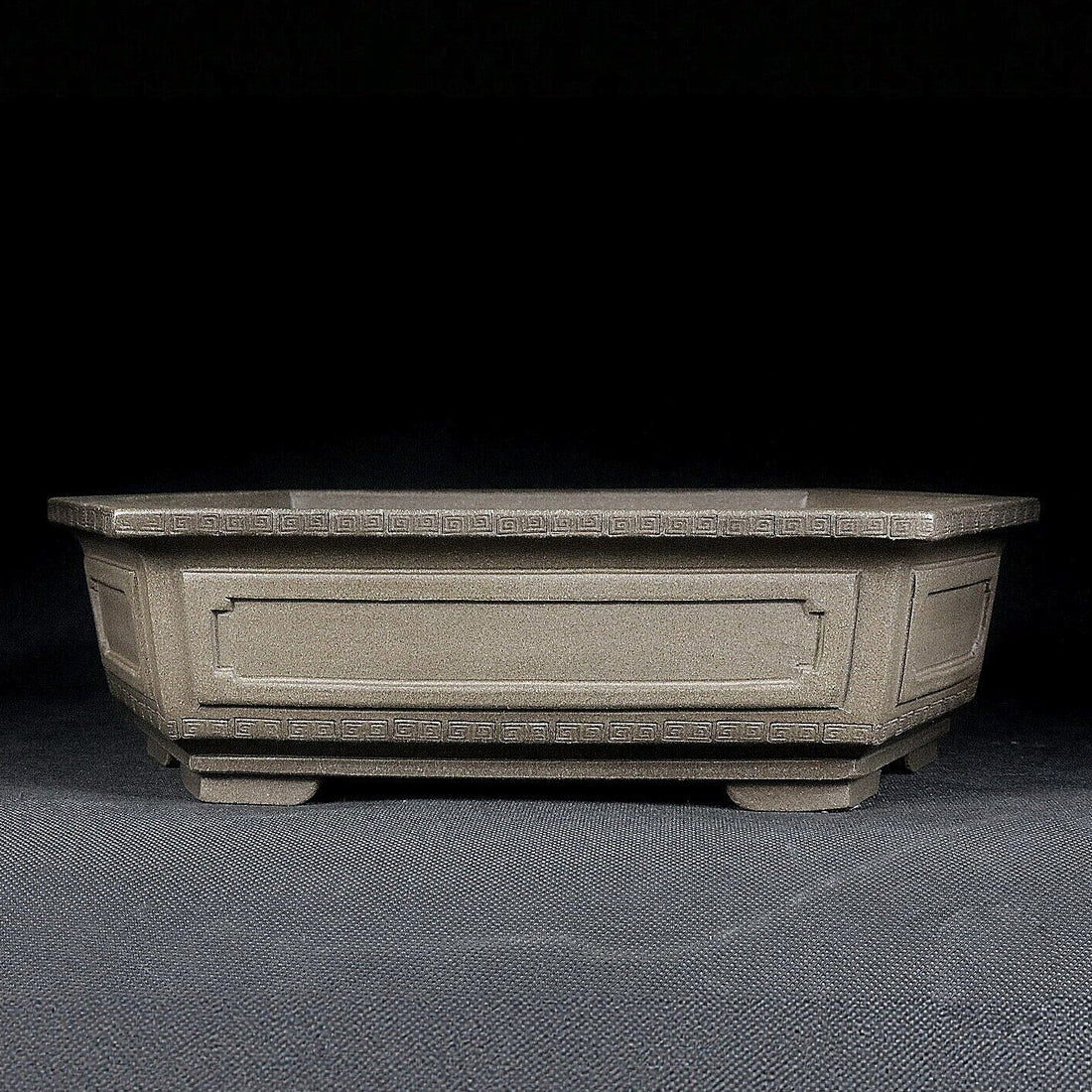10.2 inch (26cm) Large Elongated Hexagonal Beige Unglazed Bonsai Pot w Paneled Walls