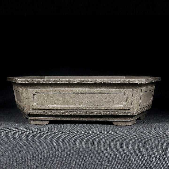 10.2 inch (26cm) Large Elongated Hexagonal Beige Unglazed Bonsai Pot w Paneled Walls