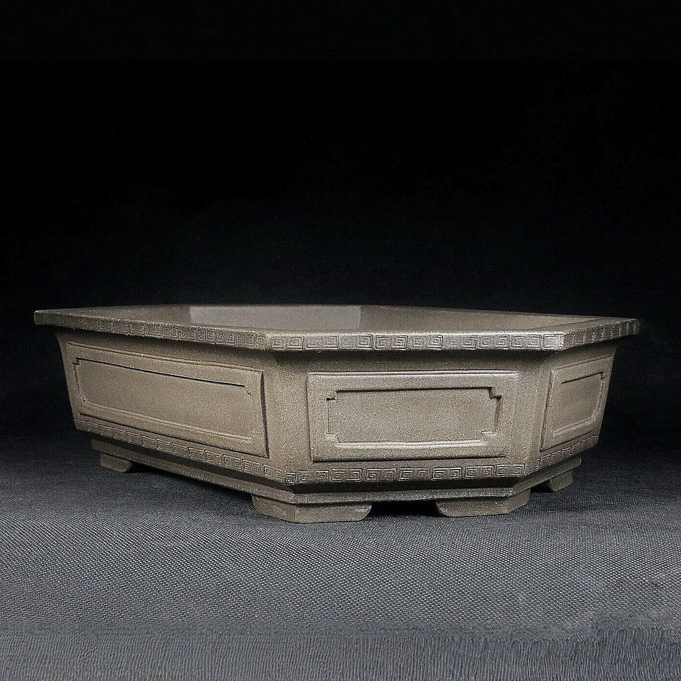 10.2 inch (26cm) Large Elongated Hexagonal Beige Unglazed Bonsai Pot w Paneled Walls Corner View