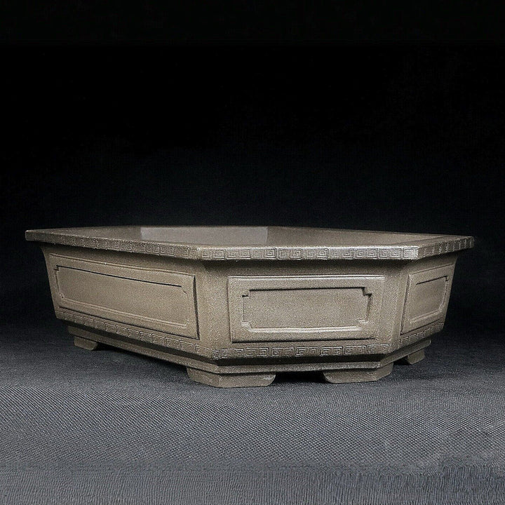 10.2 inch (26cm) Large Elongated Hexagonal Beige Unglazed Bonsai Pot w Paneled Walls Corner View
