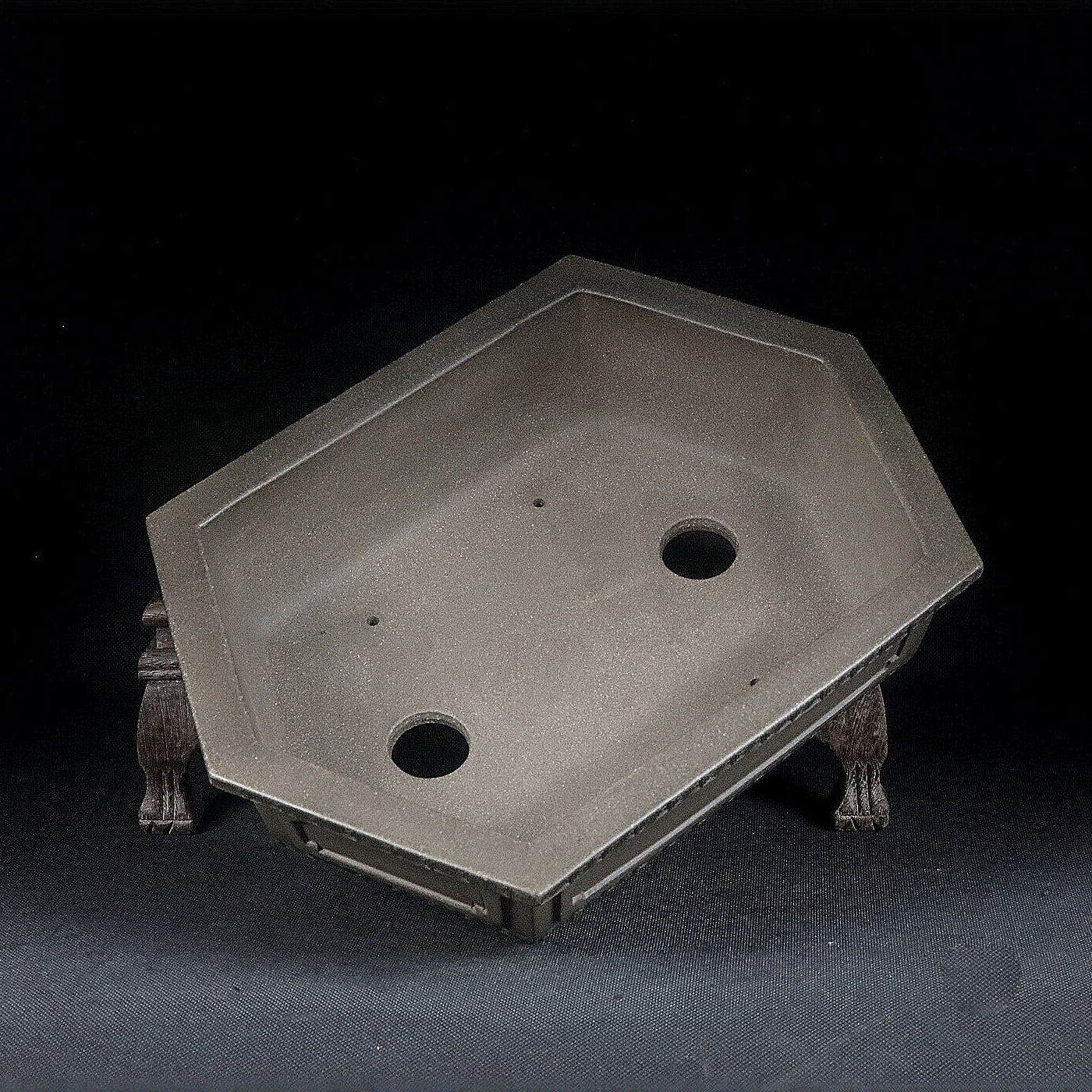 10.2 inch (26cm) Large Elongated Hexagonal Beige Unglazed Bonsai Pot w Paneled Walls Inner View