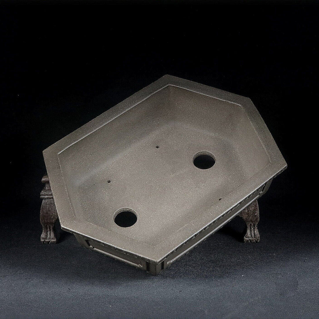 10.2 inch (26cm) Large Elongated Hexagonal Beige Unglazed Bonsai Pot w Paneled Walls Inner View