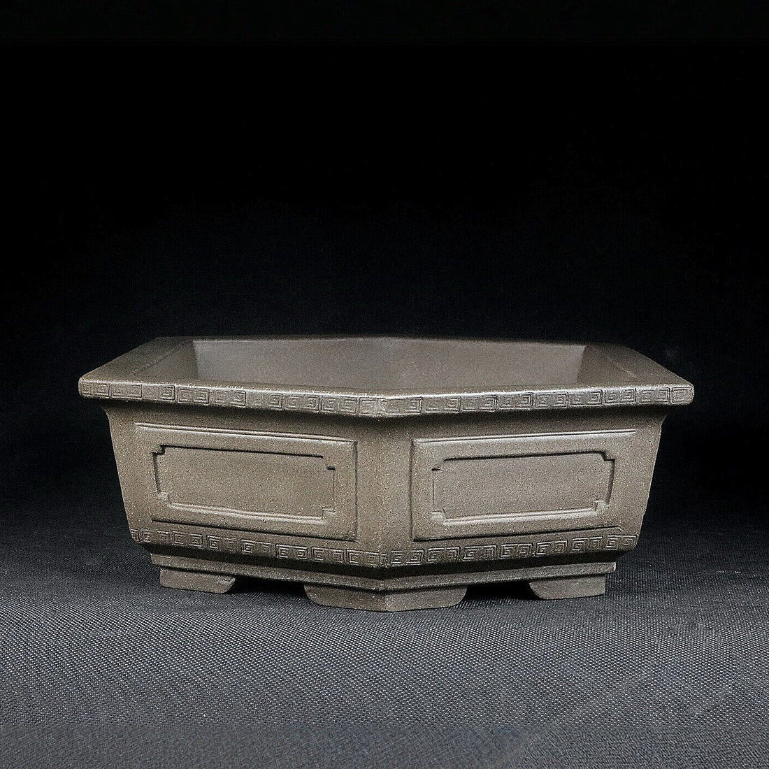 10.2 inch (26cm) Large Elongated Hexagonal Beige Unglazed Bonsai Pot w Paneled Walls Side View