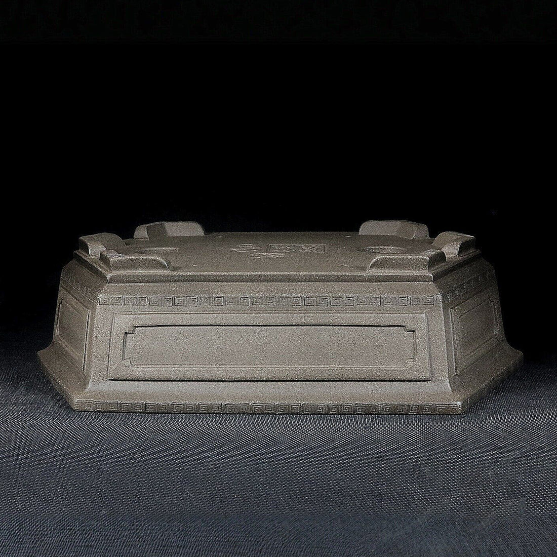 10.2 inch (26cm) Large Elongated Hexagonal Beige Unglazed Bonsai Pot w Paneled Walls Upside Down View