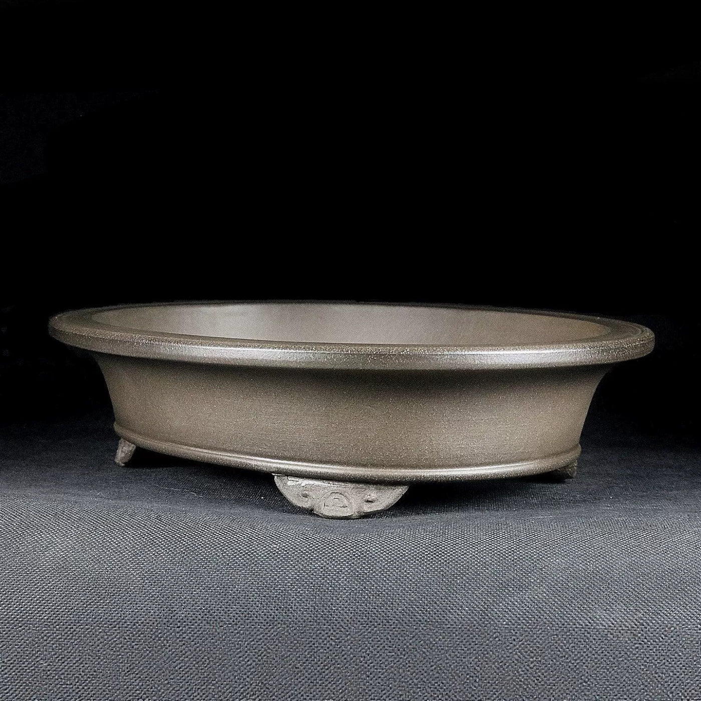 10.2 inch (26cm) Large Oval Unglazed Beige Bonsai Pot w Flared Rim & Cloud Feet Corner View