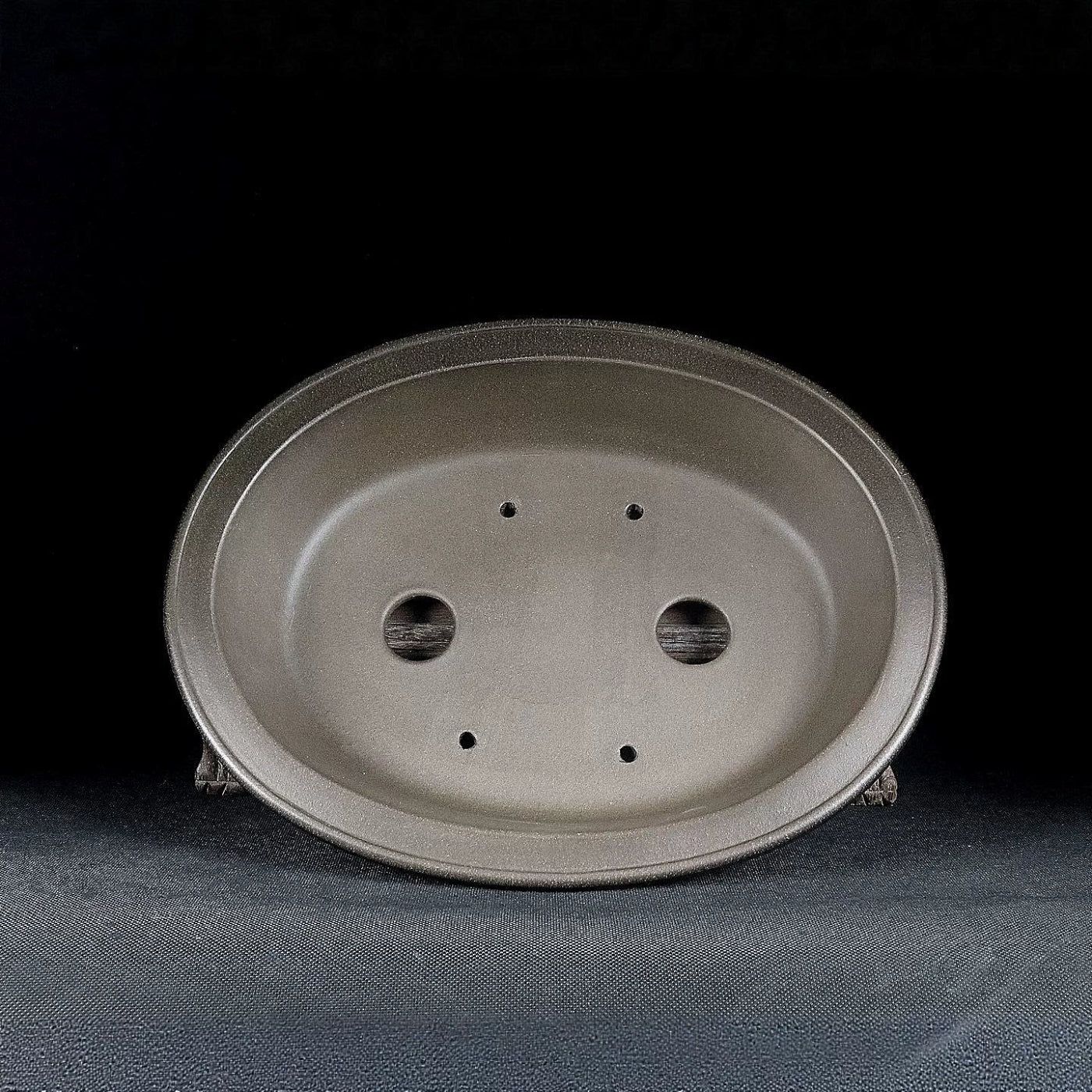 10.2 inch (26cm) Large Oval Unglazed Beige Bonsai Pot w Flared Rim & Cloud Feet Inner View