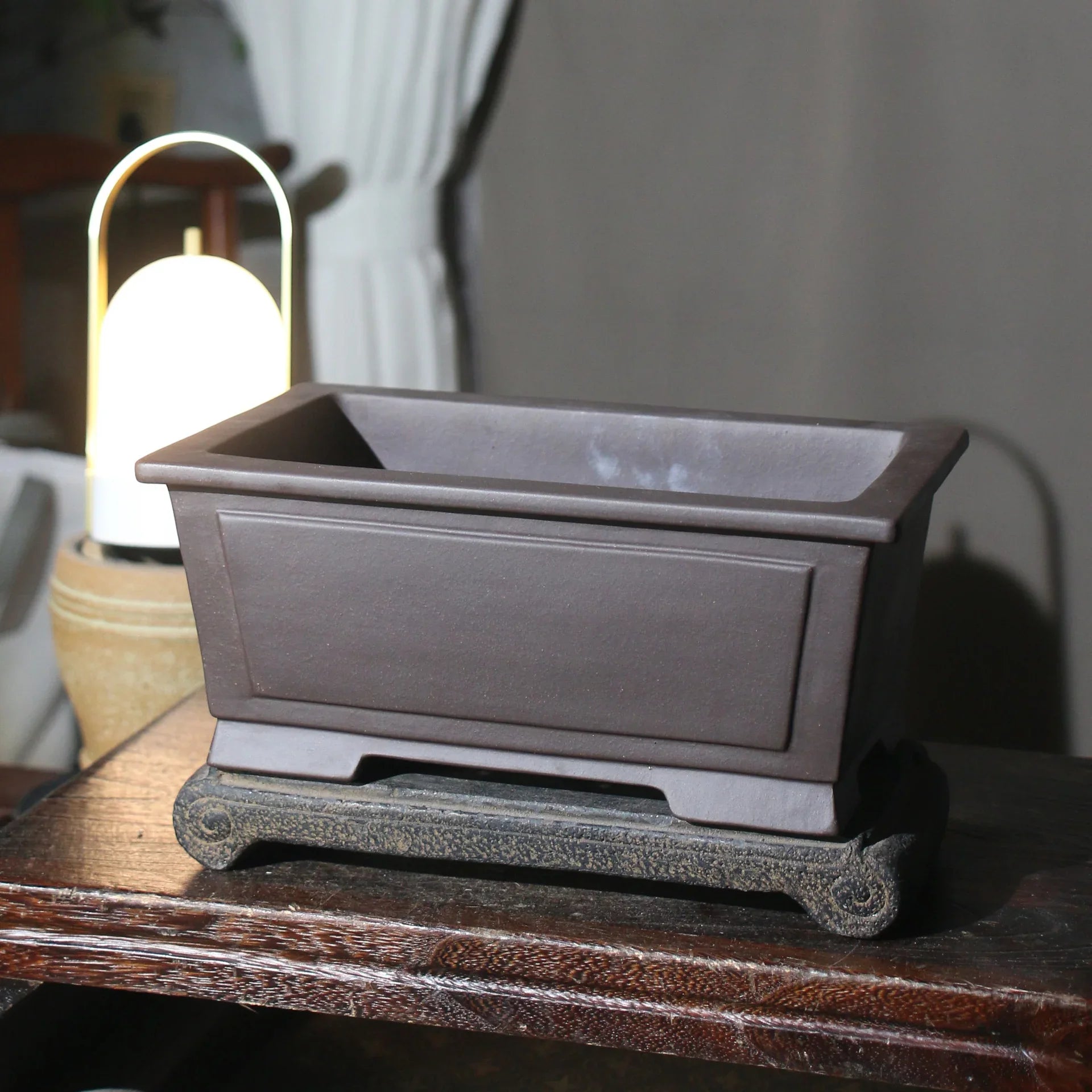 10.2 inch (26cm) Large Rectangular Bonsai Pots w Framed Panel Design Dark Chocolate Brown Color Corner View