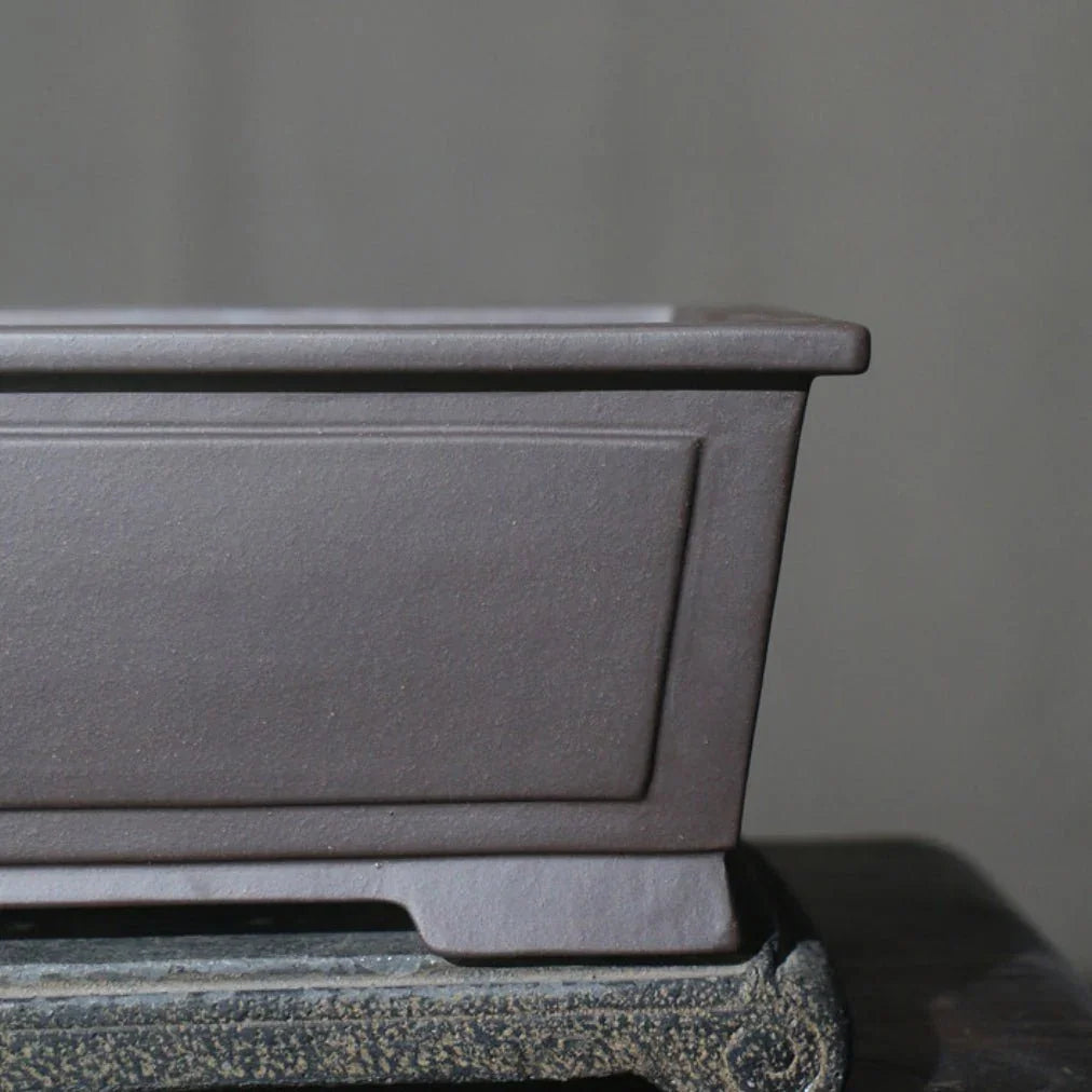 10.2 inch (26cm) Large Rectangular Bonsai Pots w Framed Panel Design Dark Chocolate Brown Color Corner View Close Shot