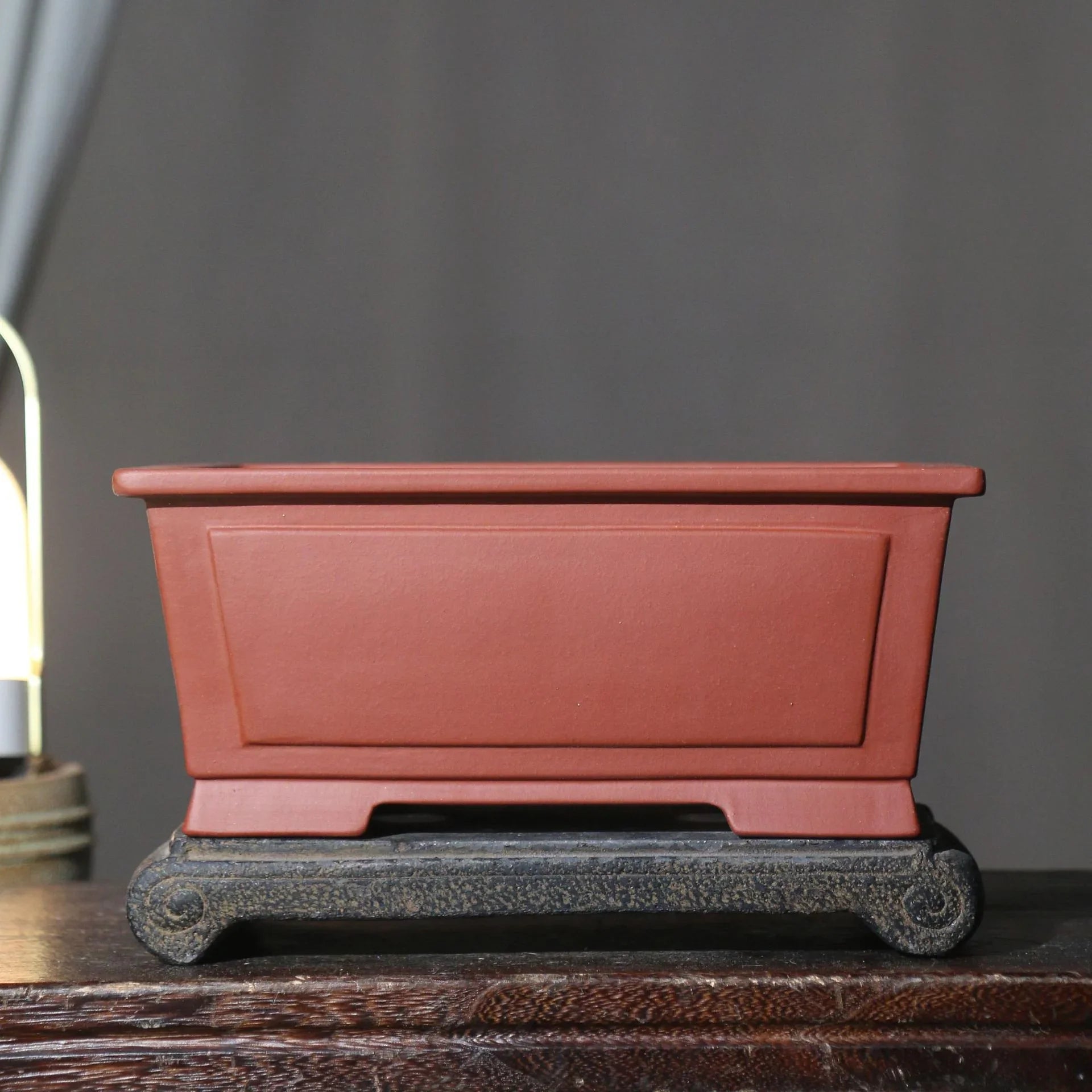 10.2 inch (26cm) Large Rectangular Bonsai Pots w Framed Panel Design Reddish Brown Color