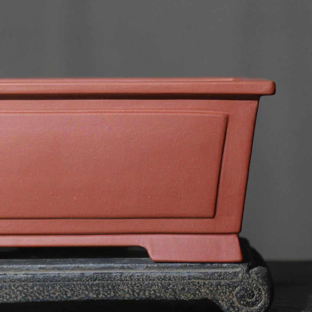 10.2 inch (26cm) Large Rectangular Bonsai Pots w Framed Panel Design Reddish Brown Color Close Shot