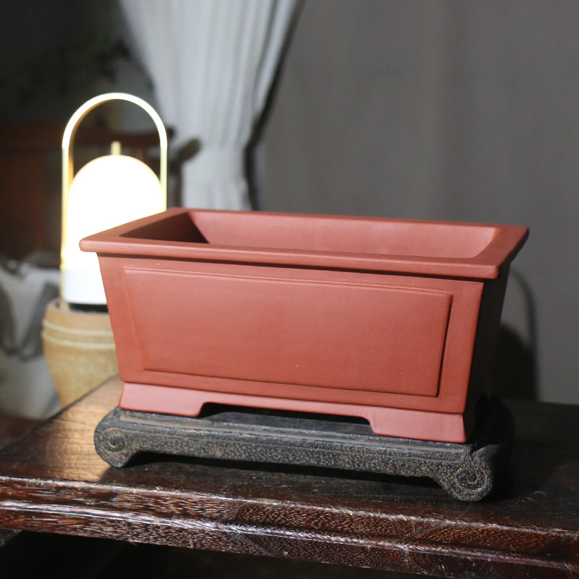 10.2 inch (26cm) Large Rectangular Bonsai Pots w Framed Panel Design Reddish Brown Color Corner View