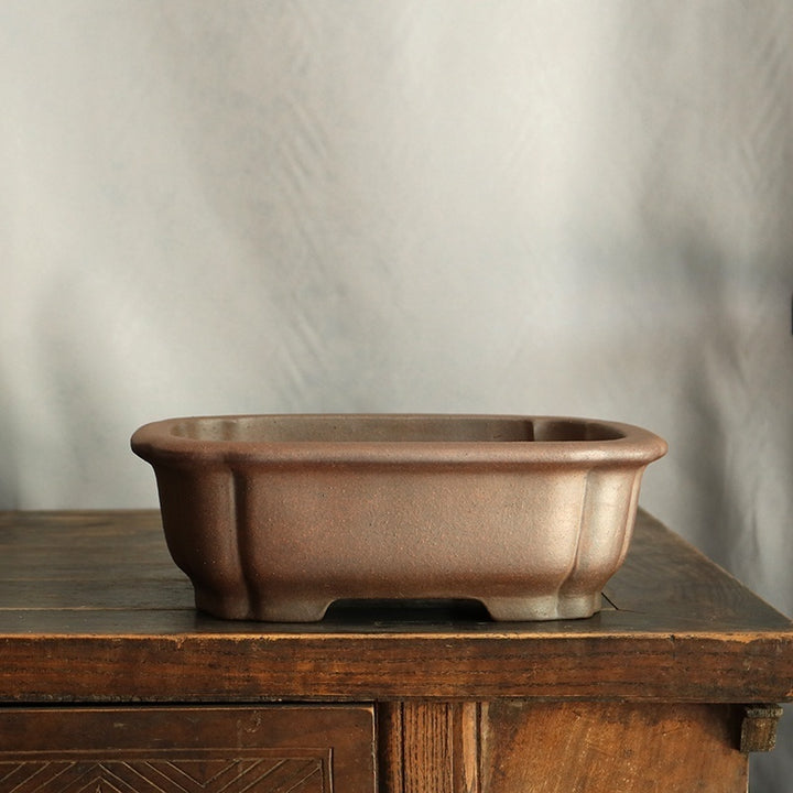 10.2 inch (26cm) Large Rectangular Wood-Fired Bonsai Pot w Scalloped Corners