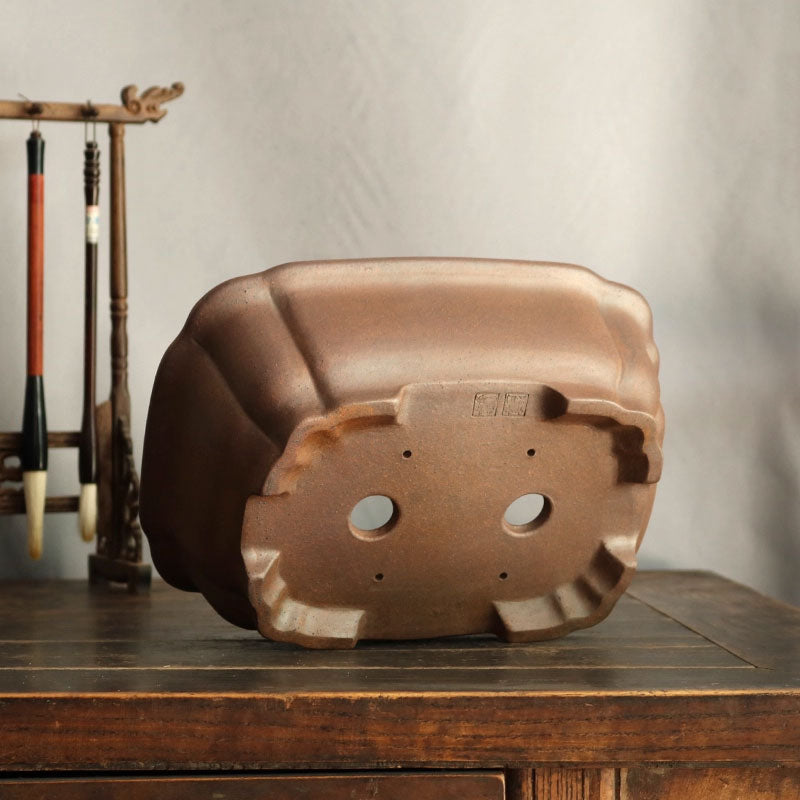 10.2 inch (26cm) Large Rectangular Wood-Fired Bonsai Pot w Scalloped Corners Bottom View