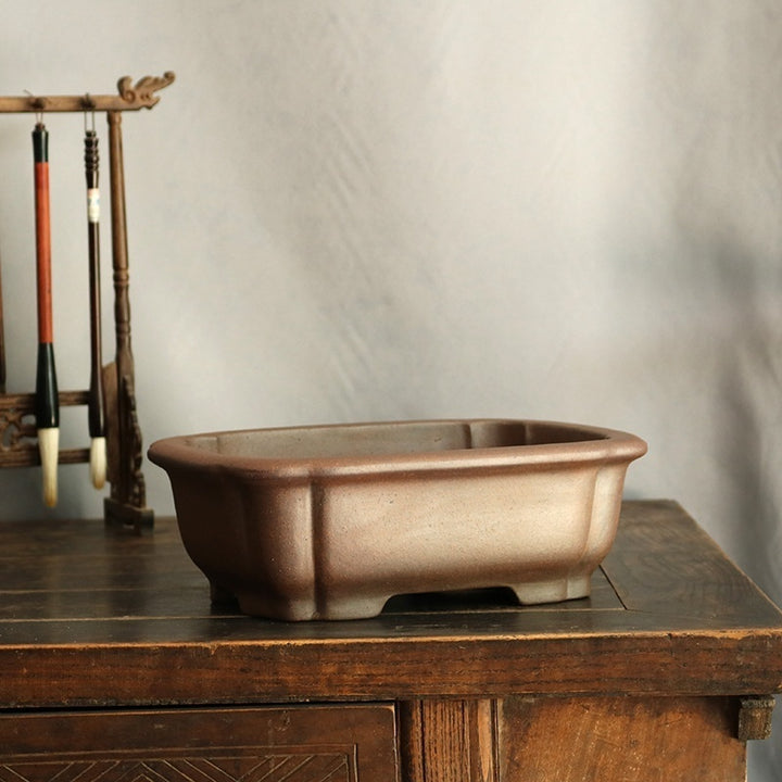 10.2 inch (26cm) Large Rectangular Wood-Fired Bonsai Pot w Scalloped Corners Corner View