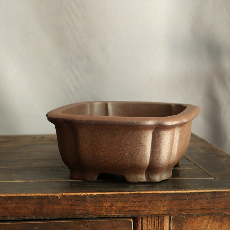 10.2 inch (26cm) Large Rectangular Wood-Fired Bonsai Pot w Scalloped Corners Corner View