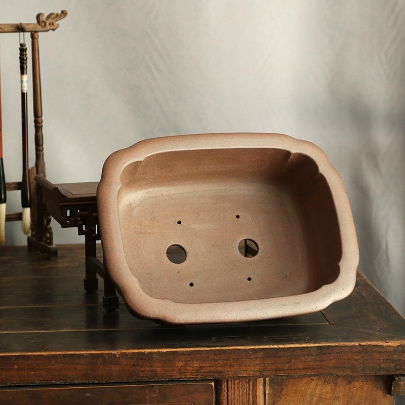 10.2 inch (26cm) Large Rectangular Wood-Fired Bonsai Pot w Scalloped Corners Inner View