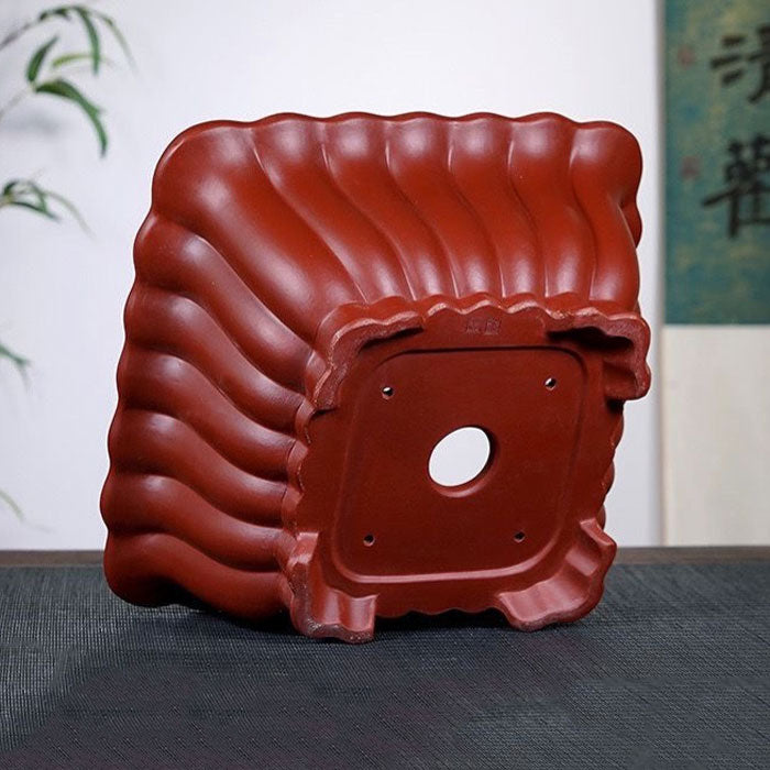 10.2 inch (26cm) Large Square Deep Bonsai Pots w Fluted Walls Bottom View