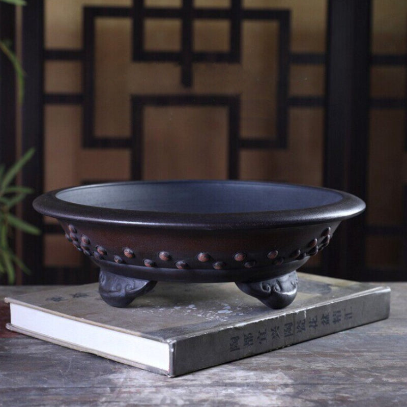 10.3 inch (26.3cm) Large Flared Round Gradient Finish Antique-Style Bonsai Pot w Ornate Feet