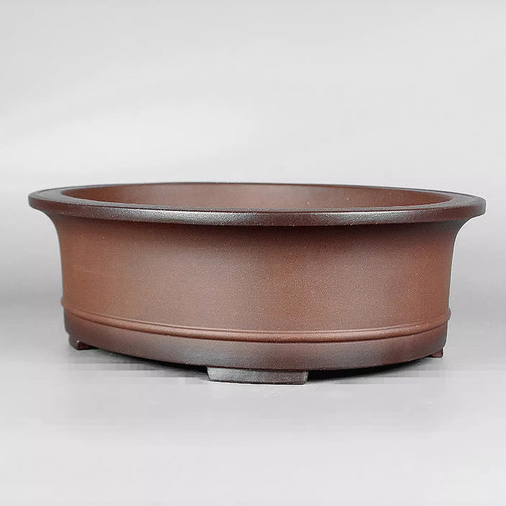 10.4 inch (26.5cm) Large Oval Elegant Dual Tone Unglazed Bonsai Pot w Raised Line Corner View