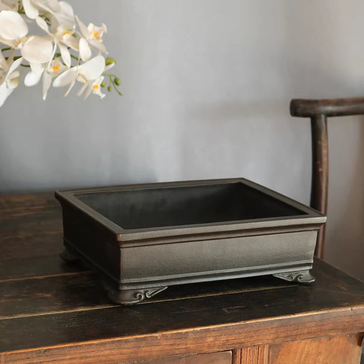 10.4 inch (26.5cm) Large Premium Rectangular Unglazed Handmade Cloud Feet Bonsai Pot Top View