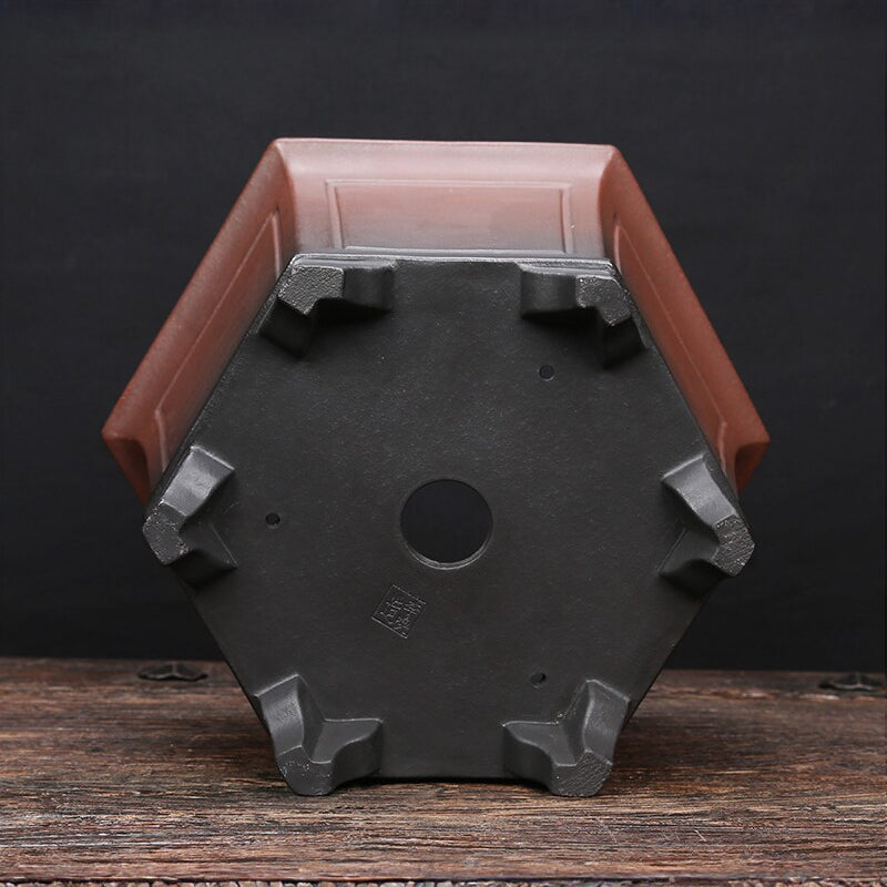 10.4 inch (26.5cm) Wide 7 inch (18cm) Deep Hexagonal Black-Brown Dual Tone Semi Cascade Bonsai Pot Bottom View