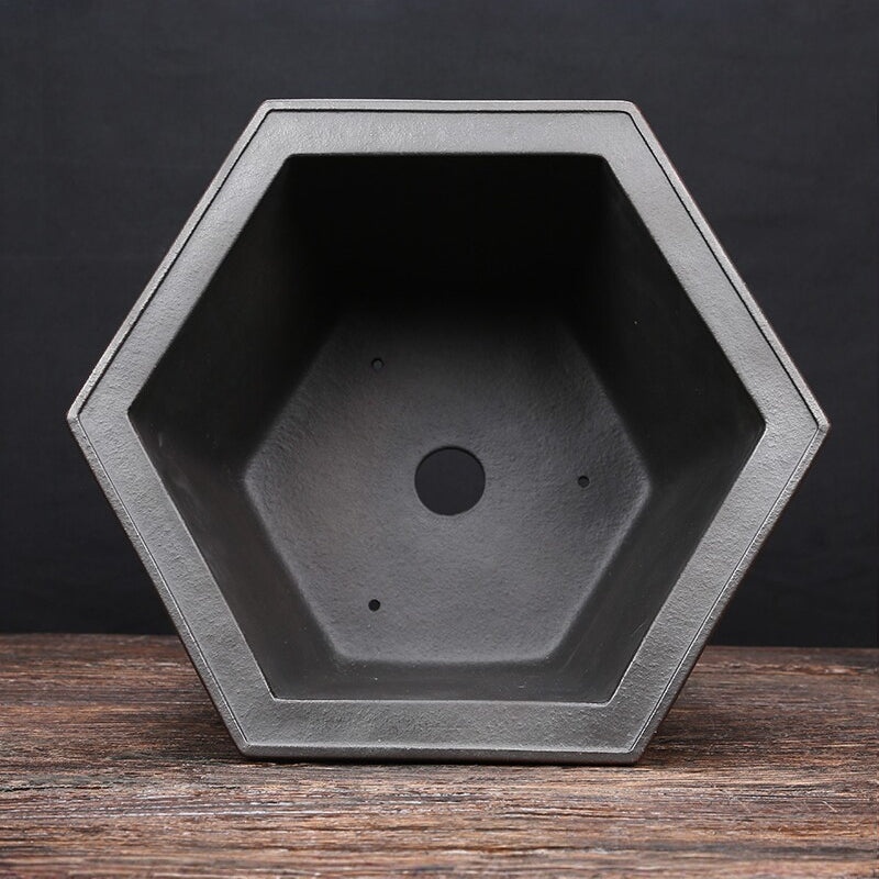 10.4 inch (26.5cm) Wide 7 inch (18cm) Deep Hexagonal Black-Brown Dual Tone Semi Cascade Bonsai Pot Inner View