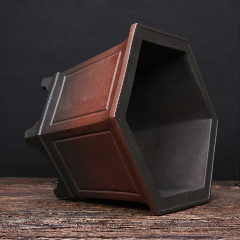 10.4 inch (26.5cm) Wide 7 inch (18cm) Deep Hexagonal Black-Brown Dual Tone Semi Cascade Bonsai Pot Side View