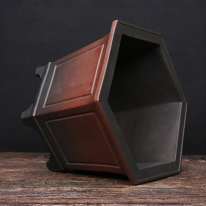 10.4 inch (26.5cm) Wide 7 inch (18cm) Deep Hexagonal Black-Brown Dual Tone Semi Cascade Bonsai Pot Side View